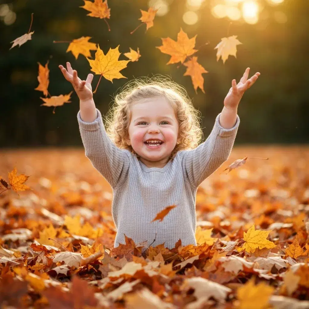Child playing with leaves