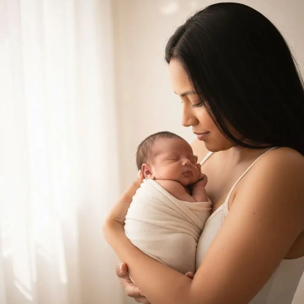 Mother holding her newborn in soft natural light