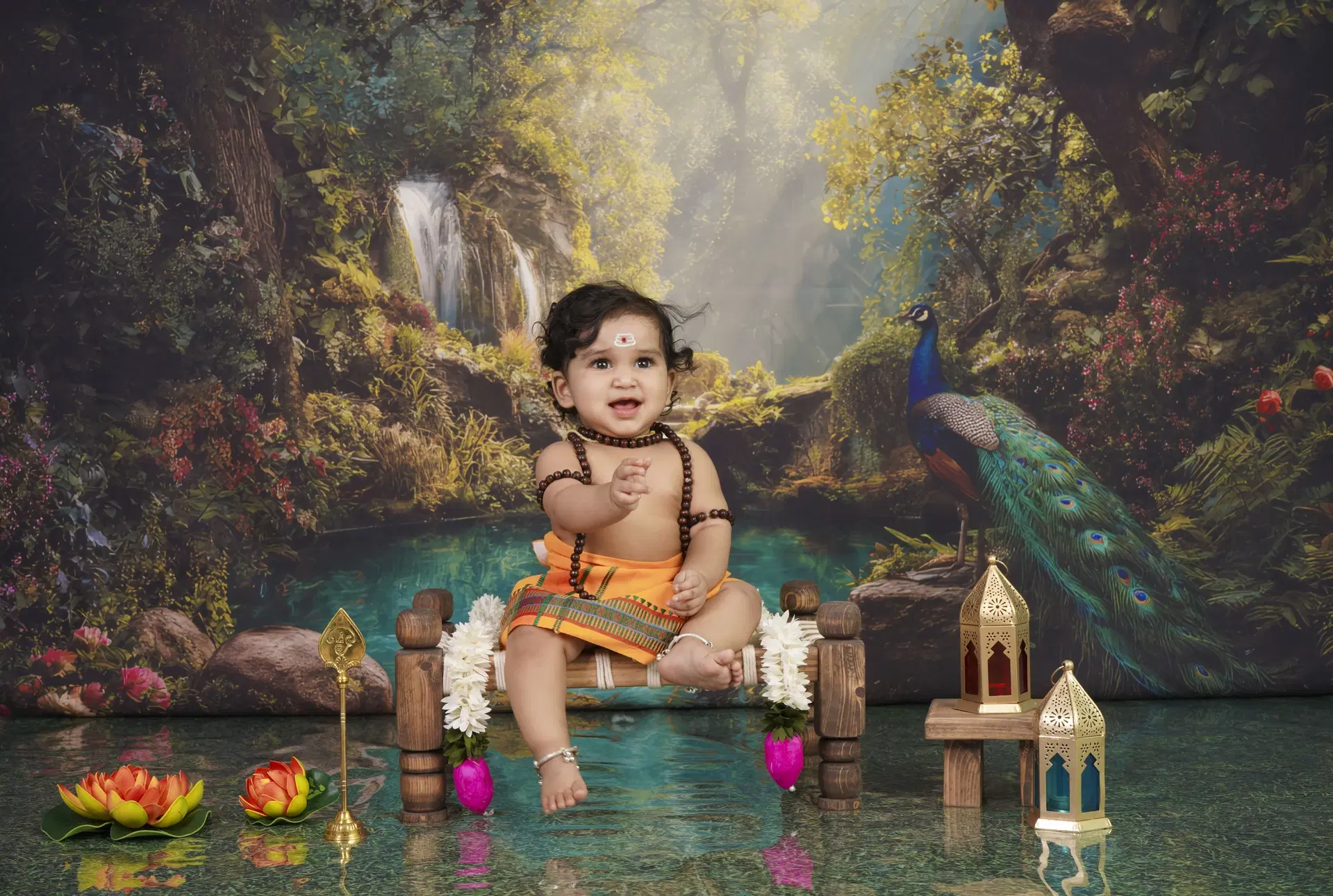 Baby in enchanted forest theme with peacock backdrop